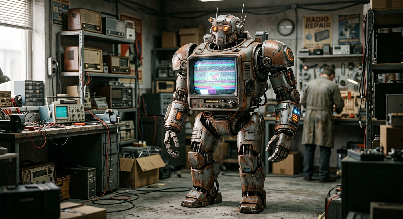 A vintage-style robot with a television screen for a chest stands in a cluttered workshop filled with radios and electronic equipment. In the background, a technician works at a workbench.
