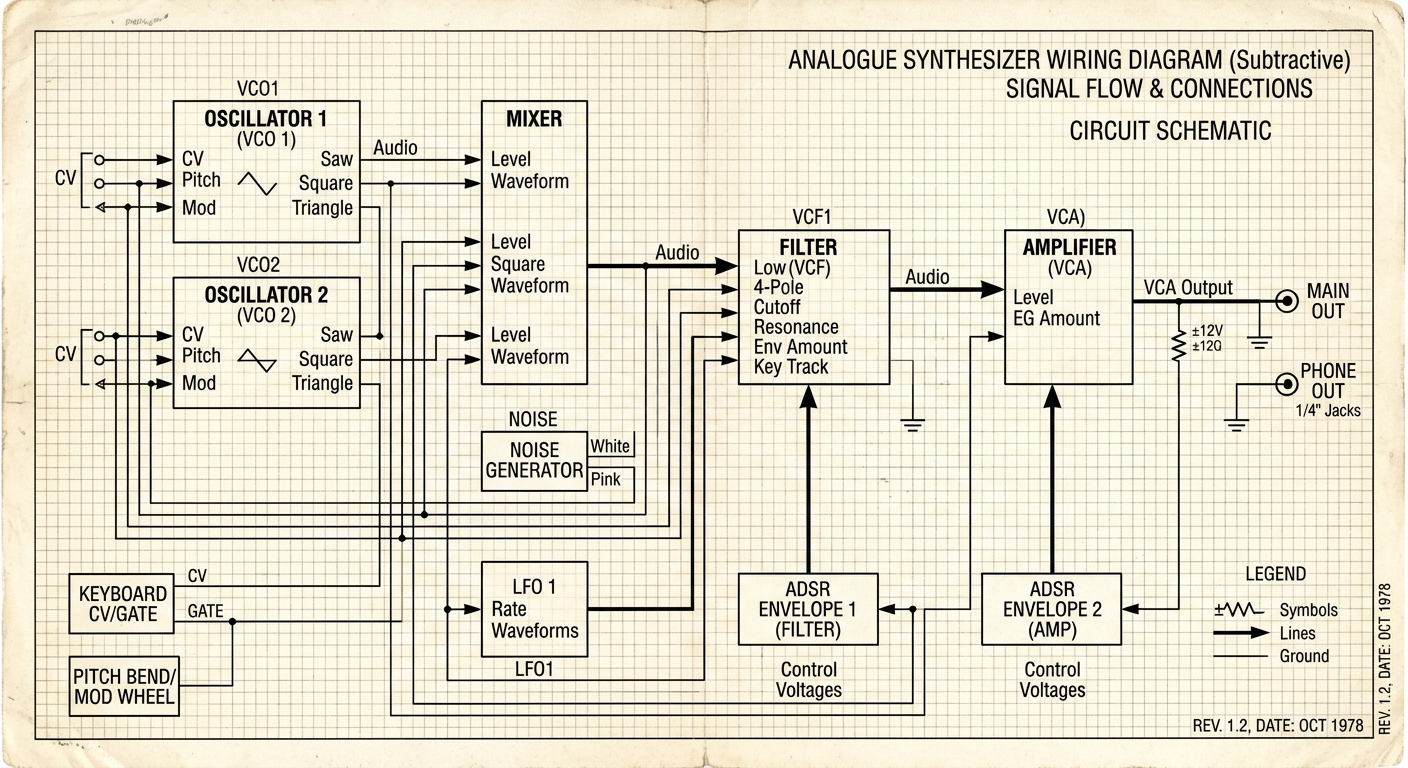 Schematic diagram of an analogue synthesizer wiring showing signal flow and connections, including components like oscillators, mixer, filter, amplifier, noise generator, and envelope generators.