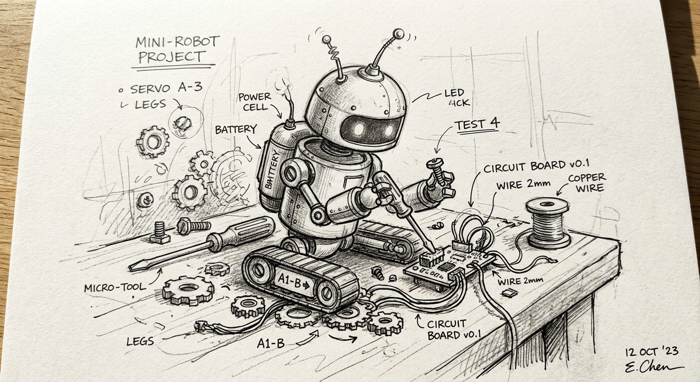 A sketched illustration of a mini-robot project, featuring a small robot assembling components on a workbench. The robot is connected to a circuit board with labeled parts like a battery, LED, and various wires. Surrounding tools and gears are also depicted.