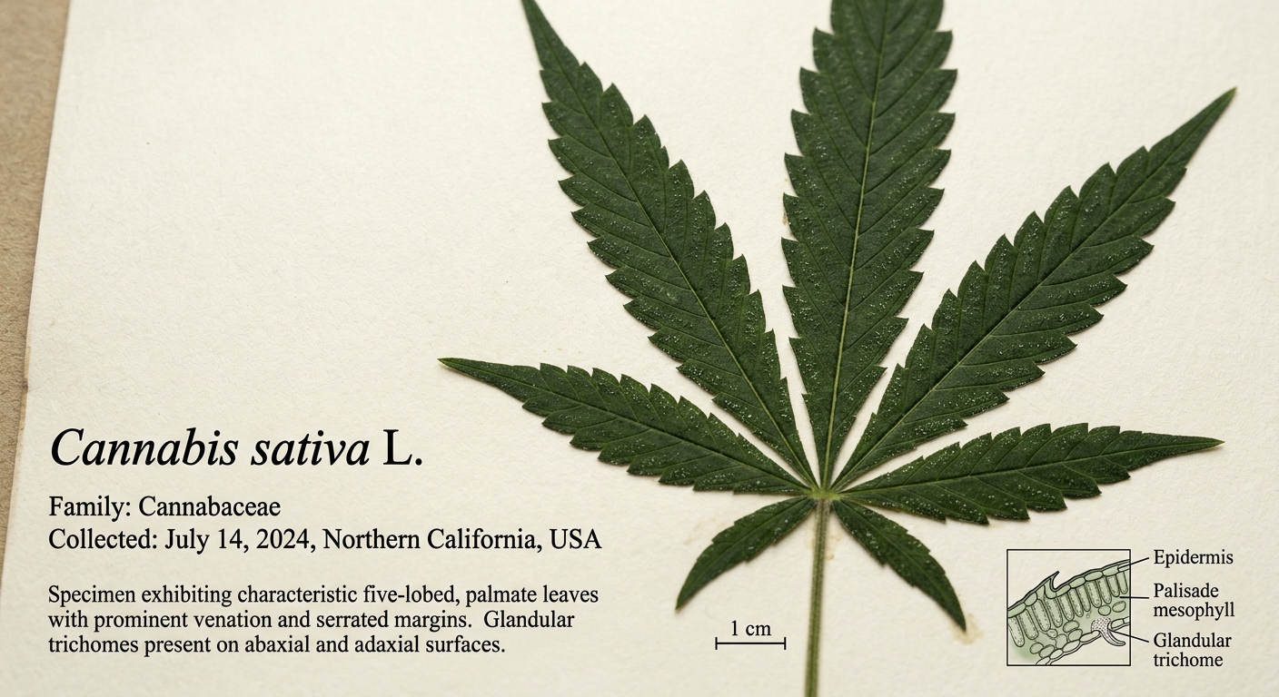 Detailed specimen of a Cannabis sativa leaf on a cream-colored background, featuring five-lobed, palmate leaves with serrated margins and highlighted venation. Includes annotations for epidermis, palisade mesophyll, and glandular trichomes.