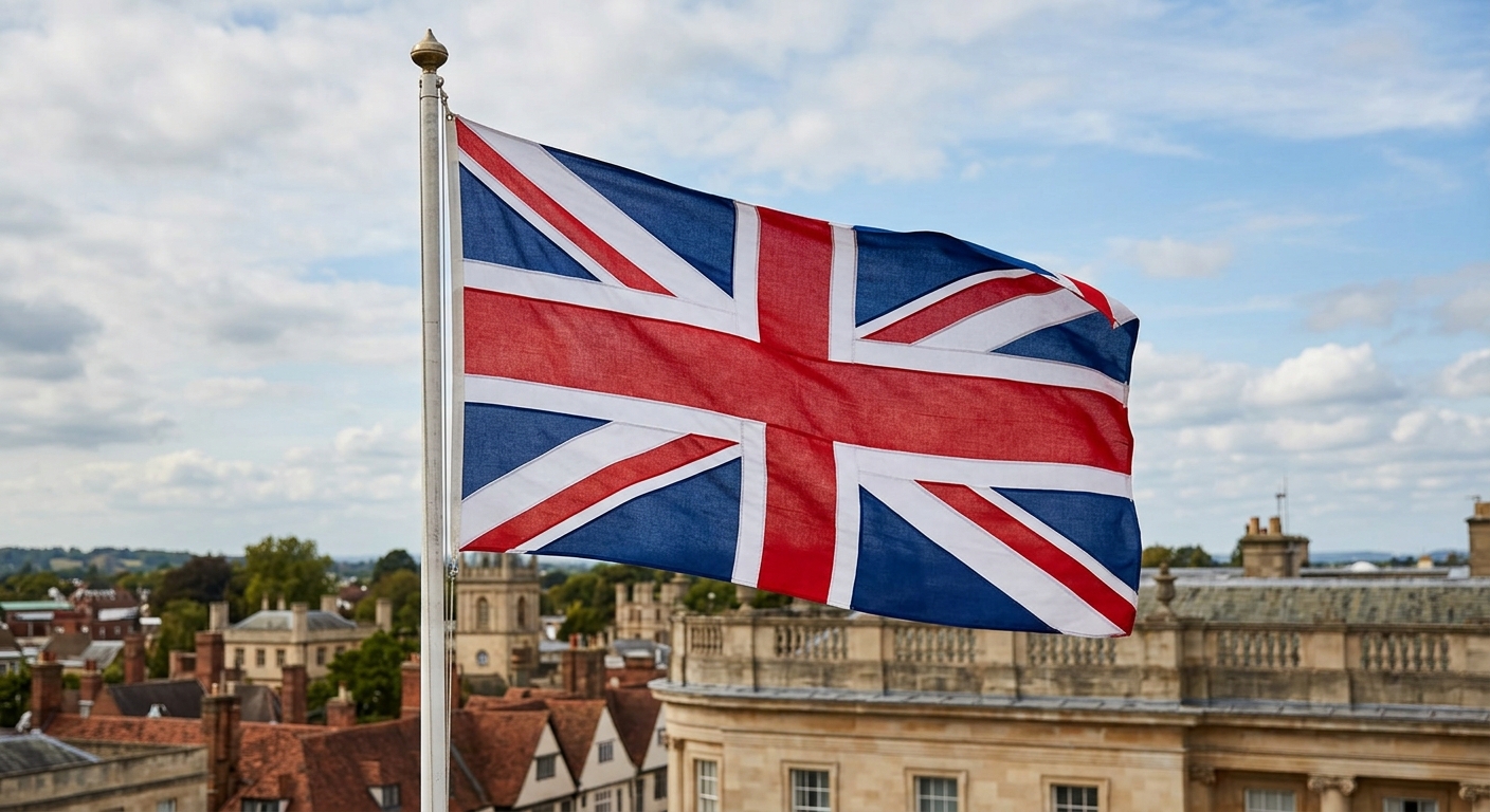 United Kingdom flag waving against a cloudy sky with a cityscape in the background.