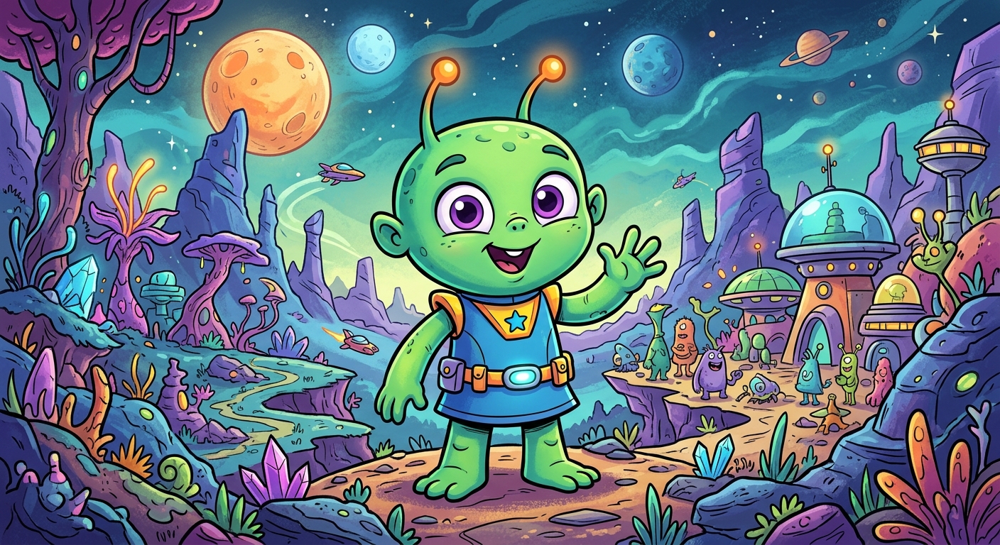 A cheerful green alien character waves in a colorful, cartoonish alien landscape filled with whimsical plants, futuristic buildings, and other friendly extraterrestrial creatures under a starry sky with multiple planets.