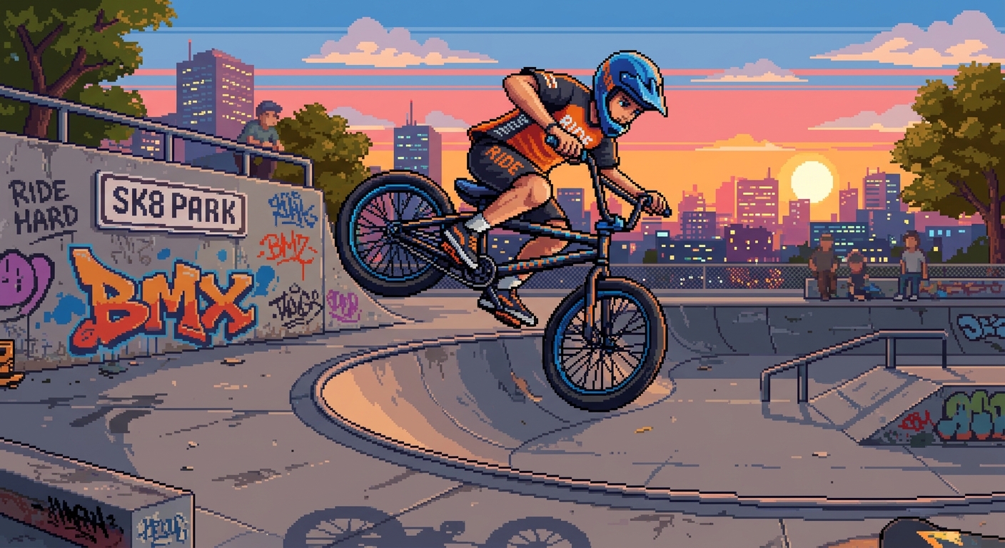 A pixel art illustration of a young boy performing a BMX jump in a skate park at sunset, with urban scenery and spectators in the background.