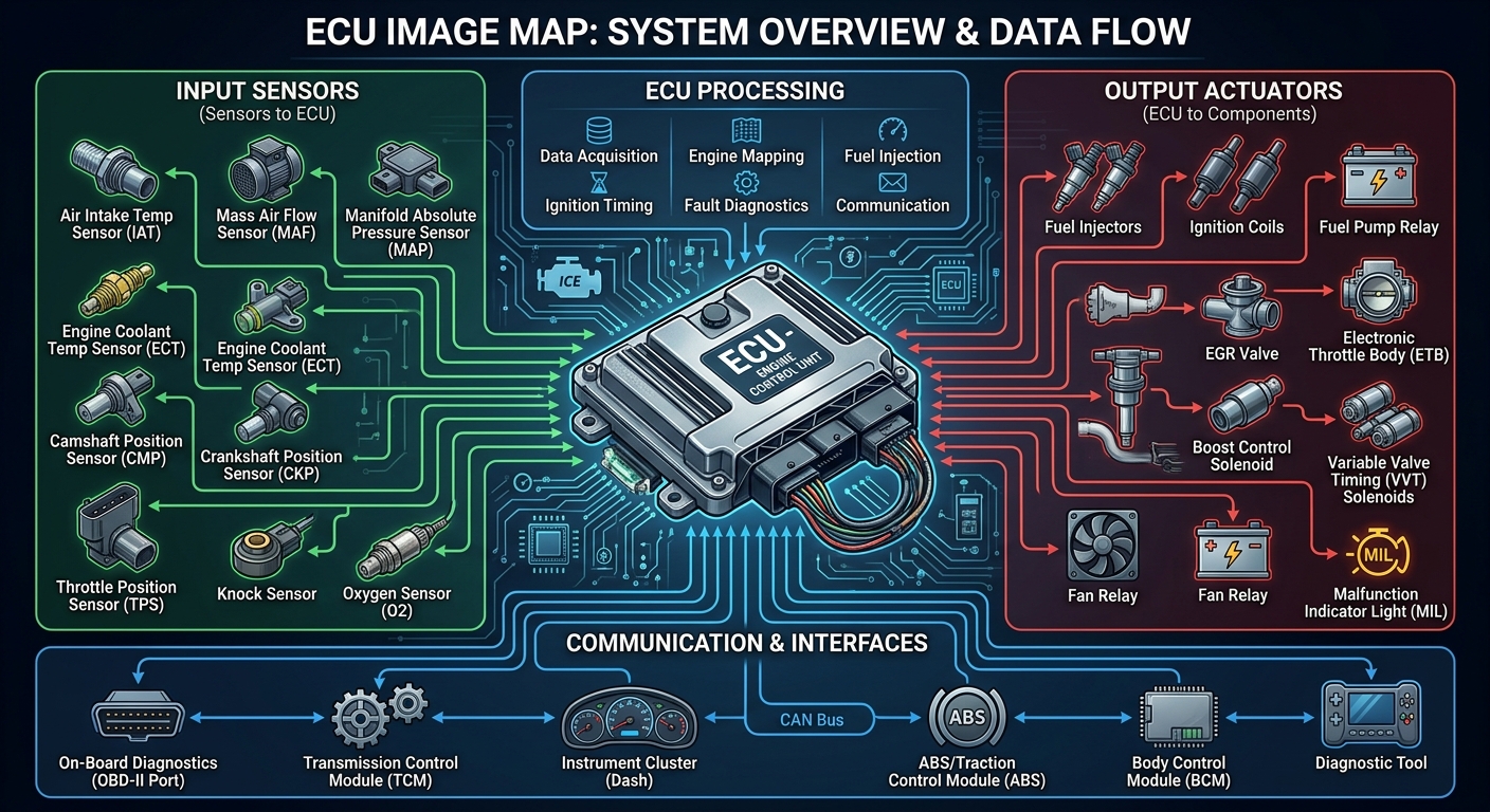 Diagram illustrating the Engine Control Unit (ECU) system overview and data flow, featuring input sensors, ECU processing, output actuators, and communication interfaces.