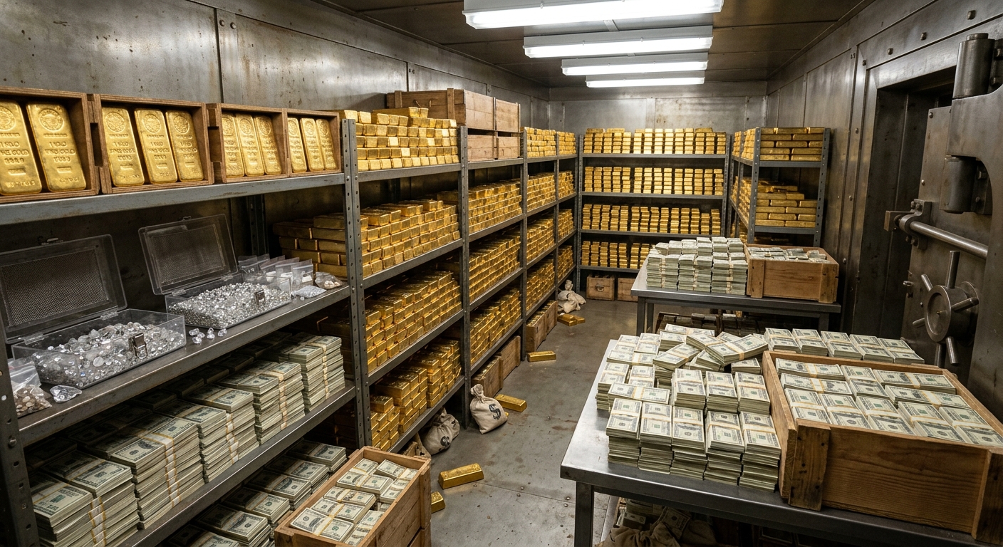 A secure vault filled with gold bars, stacks of cash, and containers of gemstones, showcasing a wealth storage environment.