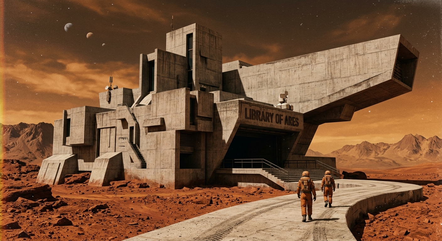 A futuristic building labeled 'Library of Ares' on a Martian landscape, with two astronauts walking towards it and rocky mountains in the background.