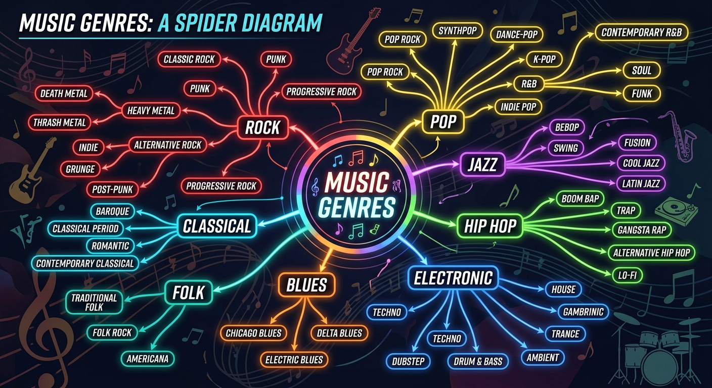 A colorful spider diagram illustrating various music genres, categorized under main genres like Rock, Pop, Jazz, Hip Hop, Electronic, Classical, Blues, and Folk, with subgenres branching out from each main category.