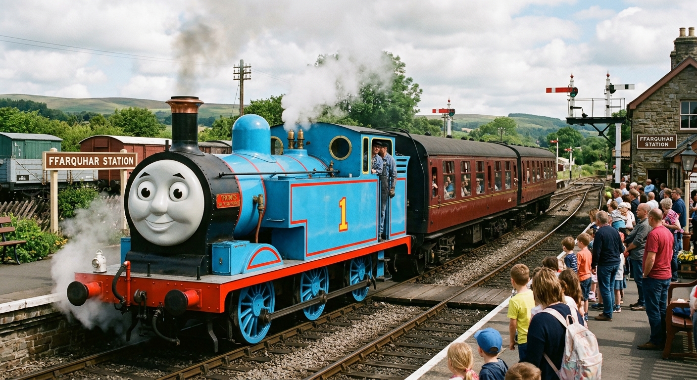 A blue steam engine with a smiling face, named Thomas, stops at Ffarquhar Station with passengers aboard. A crowd of onlookers watches as the train releases steam, surrounded by lush greenery and a scenic countryside backdrop.