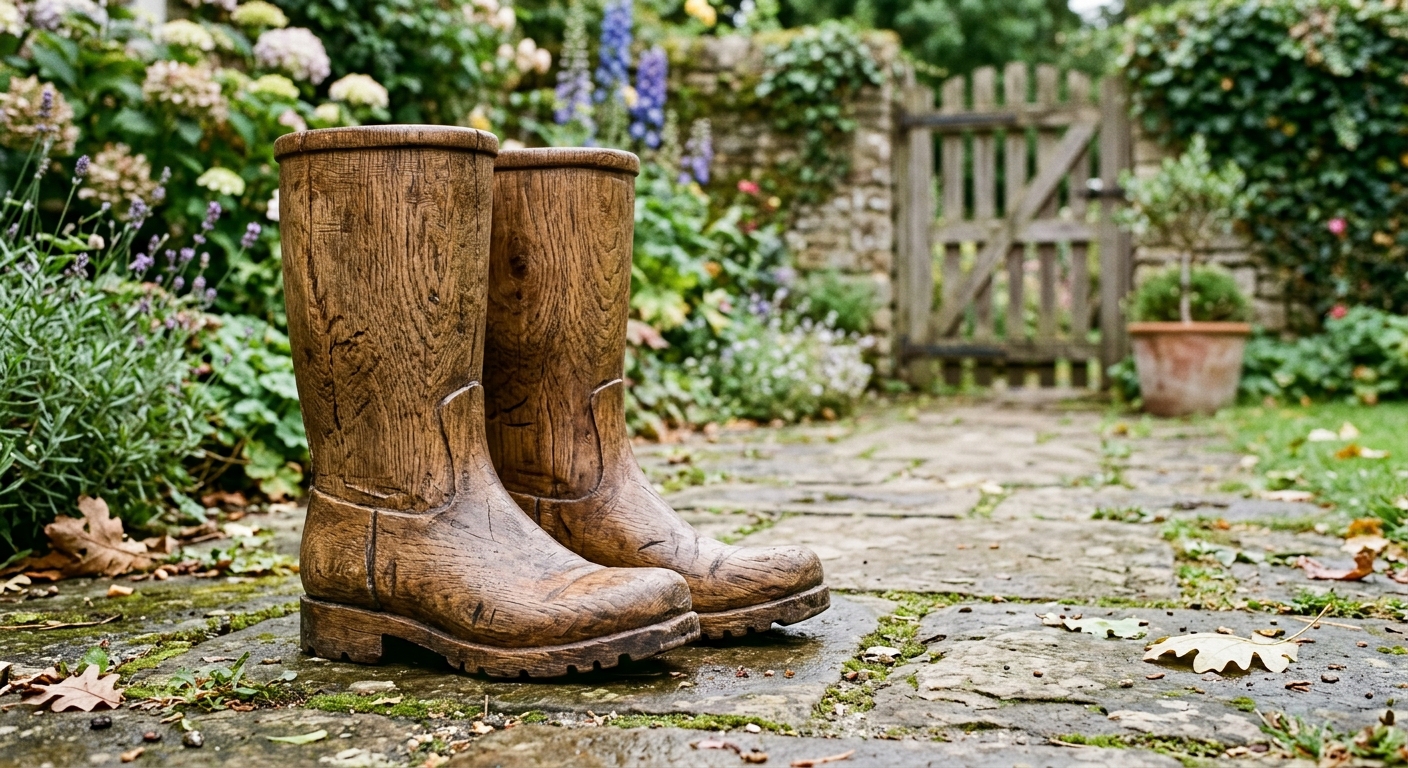 A pair of wooden rain boots placed on a stone pathway, surrounded by lush garden plants and flowers with a wooden gate in the background.