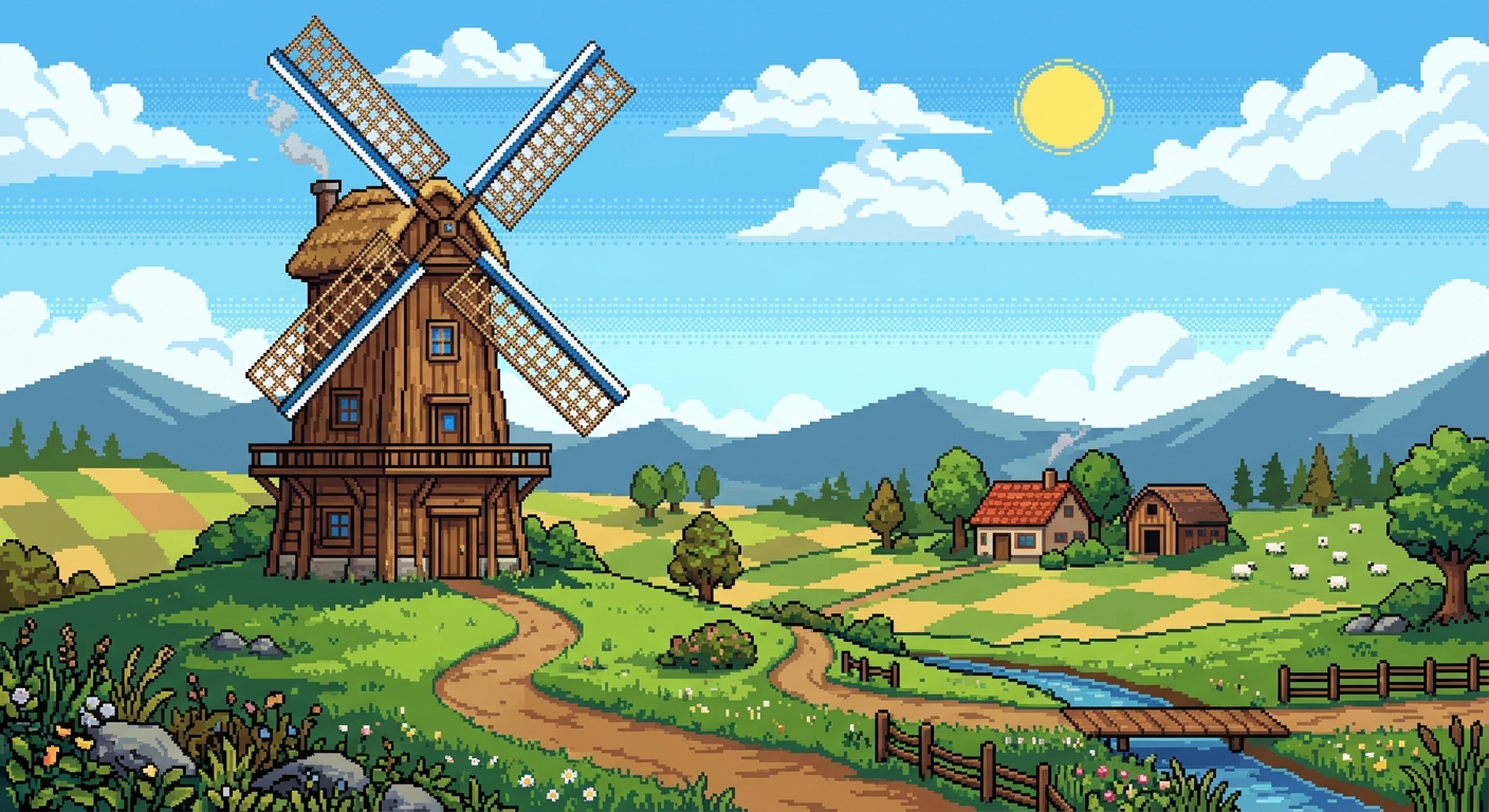 A picturesque countryside scene featuring a wooden windmill, a winding dirt path, and small cottages. Lush green fields and distant mountains are visible under a clear blue sky with fluffy white clouds and a bright sun.
